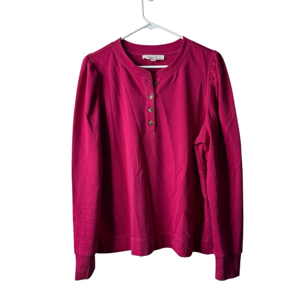Loft Pink Henley Button Puff Long Sleeve Pullover Sweater
